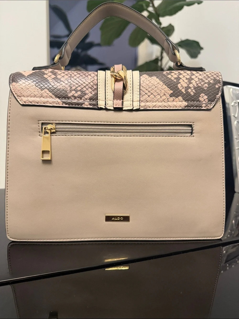Aldo Pink Snake-Print Top Handle Satchel with Gold Chain
